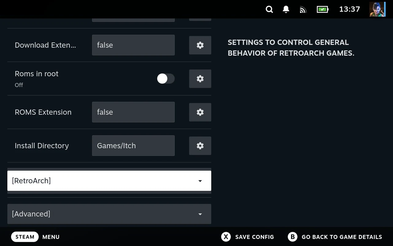 The ROMs settings: whether ROMs sit in the root, which ROMs extension to use, and the install directory.