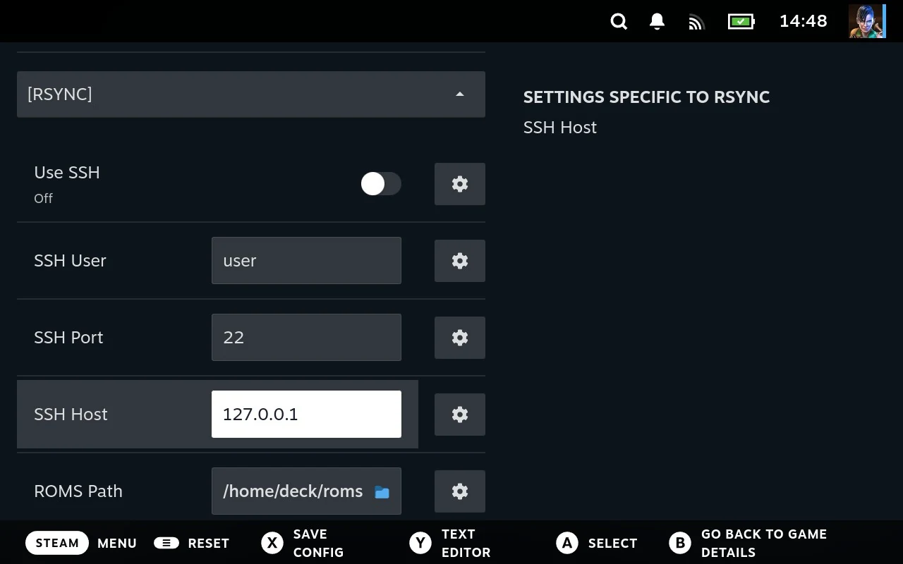 The RSYNC section: whether to use SSH, and the user, port and host to copy from.