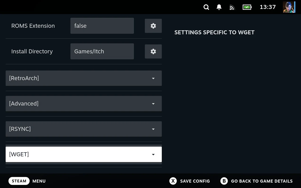 A store's settings with every section collapsed: RetroArch, Advanced, RSYNC and WGET listed one under another.
