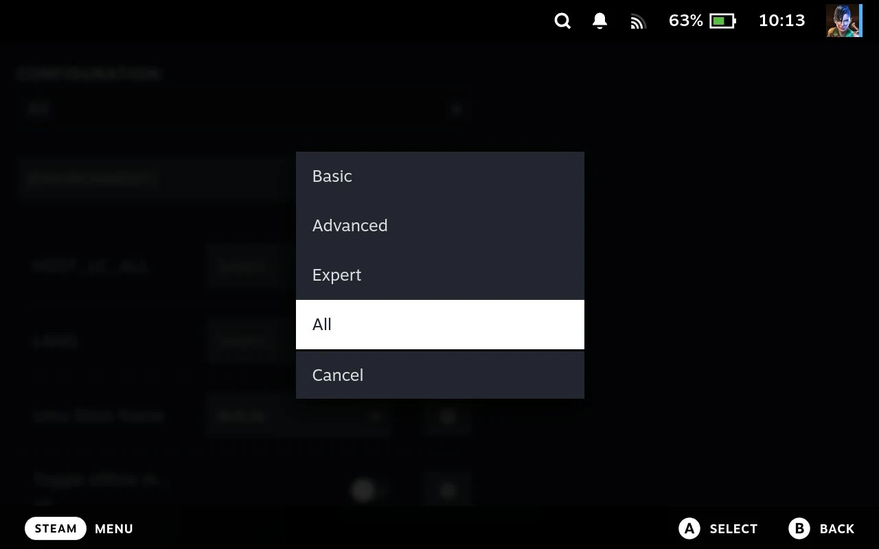The visibility dropdown open, offering Basic, Advanced, Expert and All.