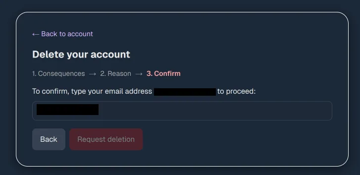 Delete account confirmation step