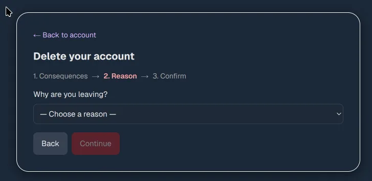 Delete account reason step