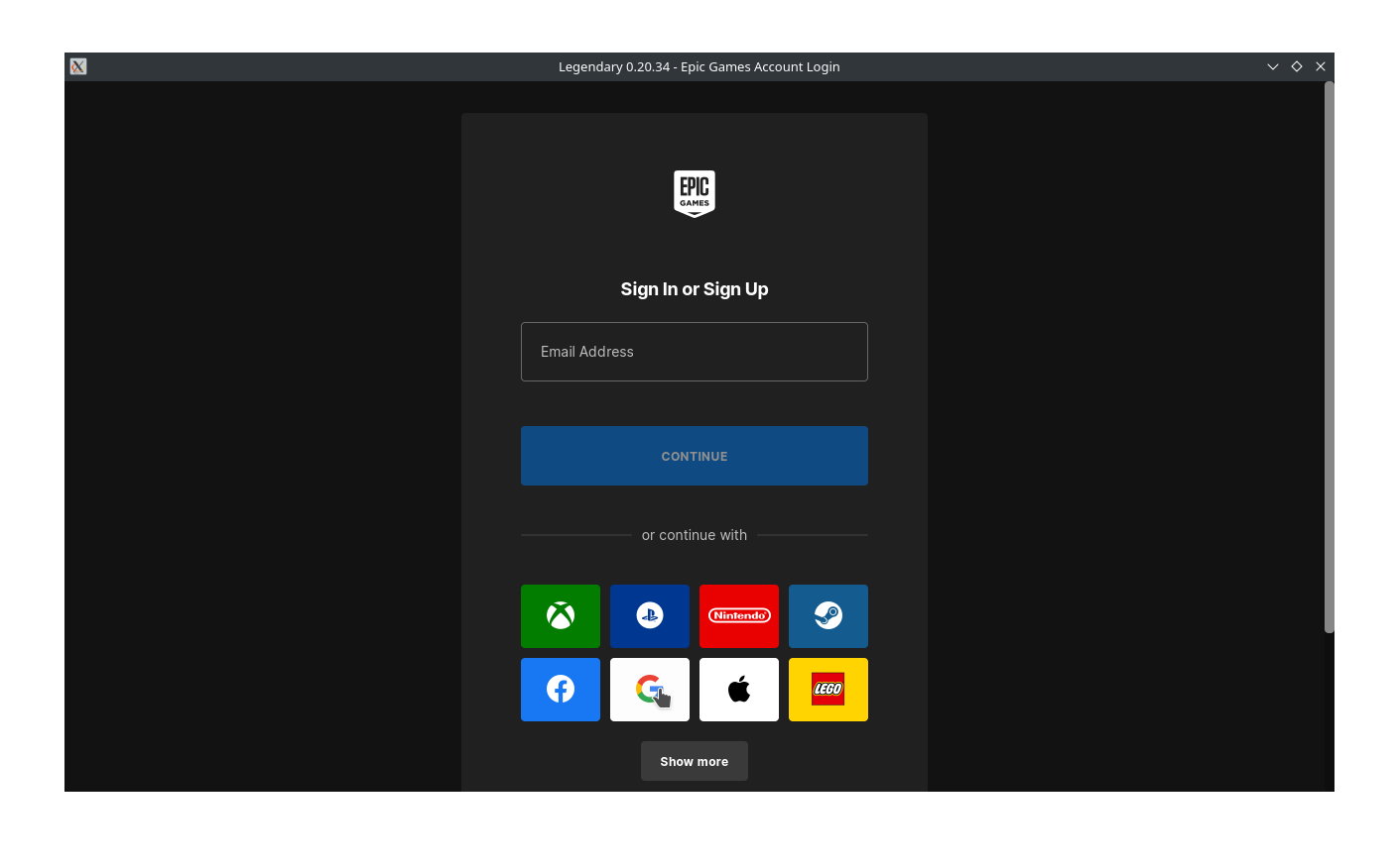 Epic Games login screen with options