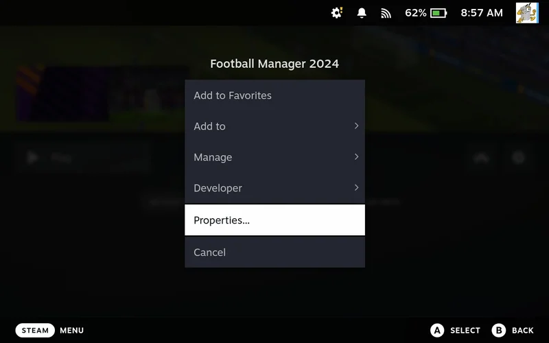 Properties option in menu