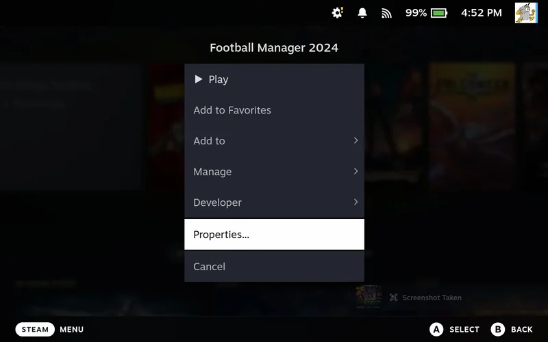 Properties menu from Steam Library