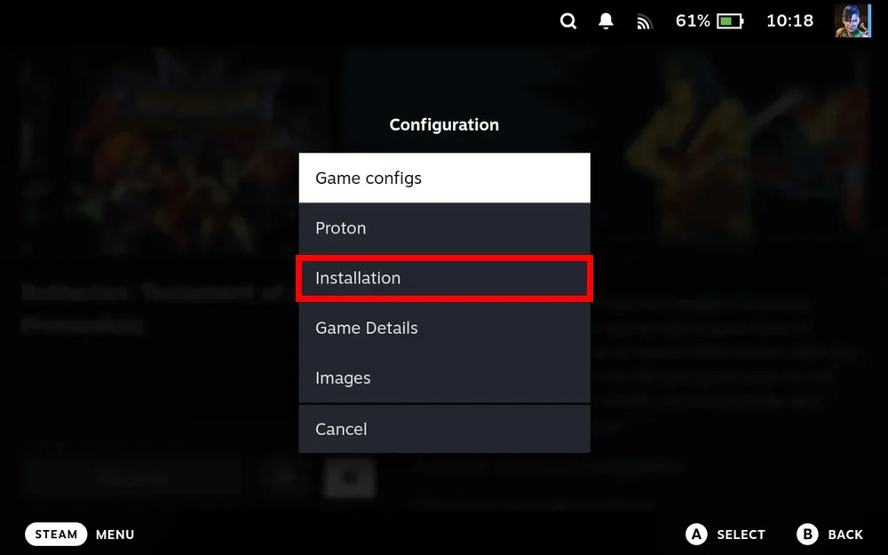 A game's Configuration menu in Junk Store Pro, listing Game configs, Proton, Installation, Game Details and Images