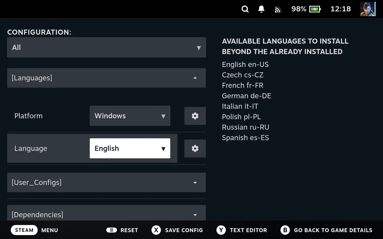 The Languages section of a GOG game's Installation settings, with a Platform dropdown set to Windows above a Language dropdown set to English, and the help pane listing the game's available languages with their codes: English en-US, Czech cs-CZ, French fr-FR, German de-DE, Italian it-IT, Polish pl-PL, Russian ru-RU and Spanish es-ES