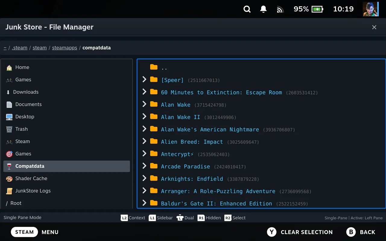 Junk Store File Manager open at steamapps/compatdata with Compatdata highlighted in the sidebar, listing folders by game name such as Alan Wake and Arcade Paradise with their ID numbers in grey