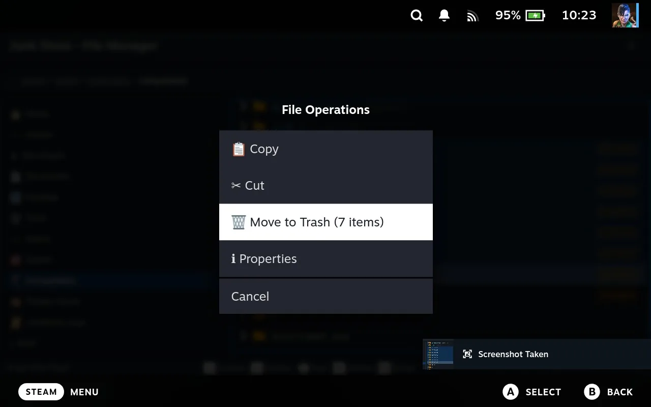 The File Operations menu open over the file listing, offering Copy, Cut, Move to Trash with a count of 7 items, Properties and Cancel