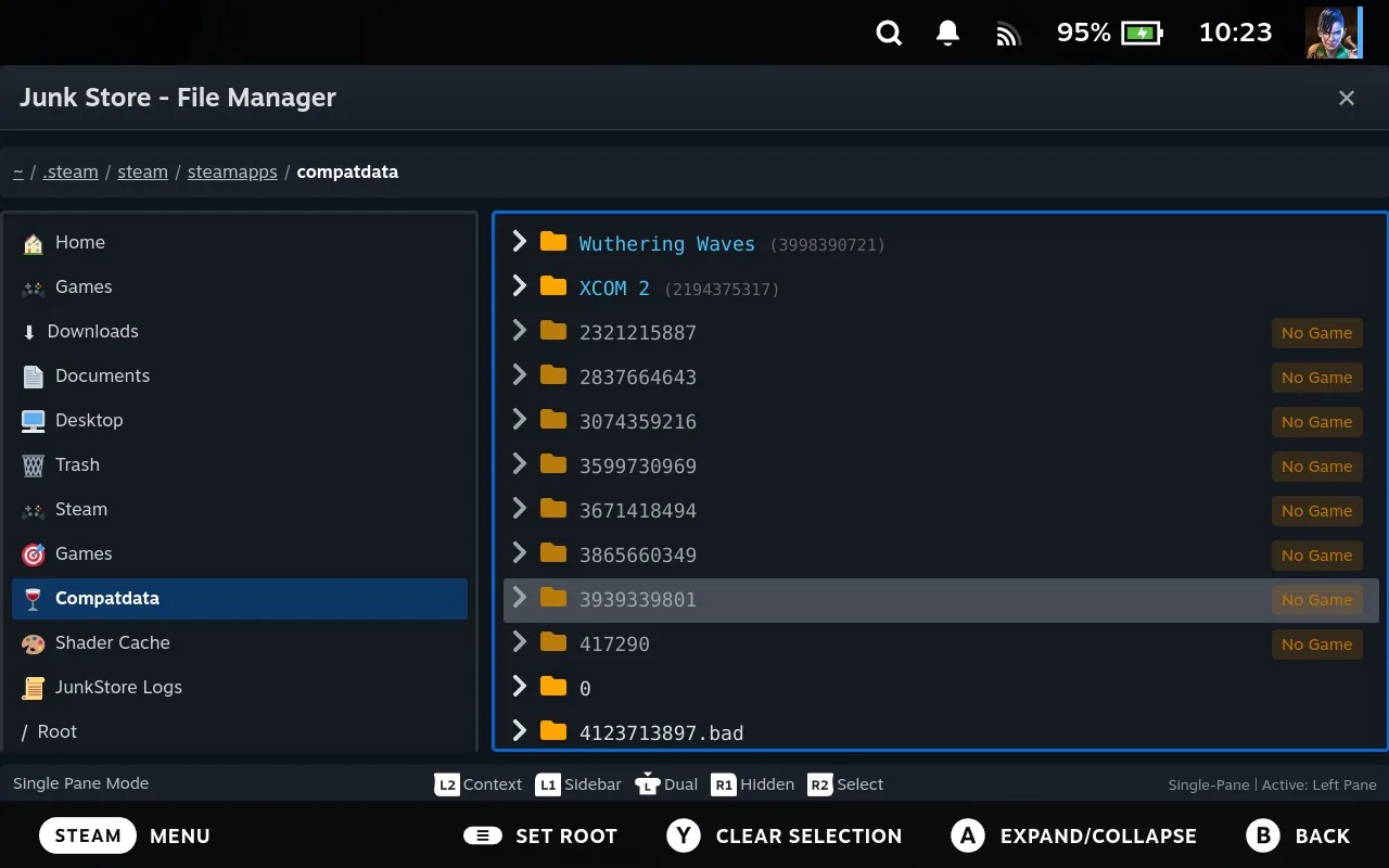 Junk Store Pro File Manager showing orphaned folders listed by ID, each with a No Game badge