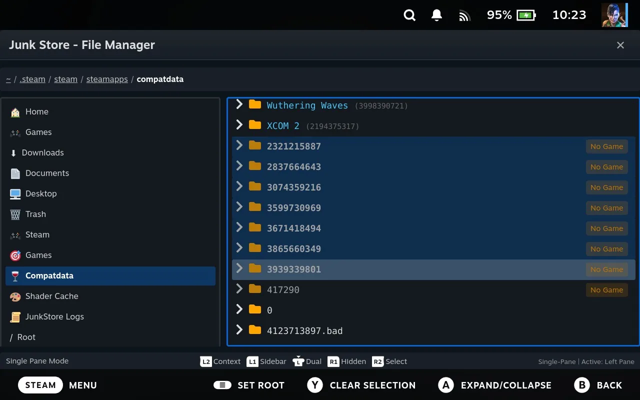 Several orphaned compatdata folders selected and highlighted in blue, each still showing its No Game badge, with the named entries above them left unselected