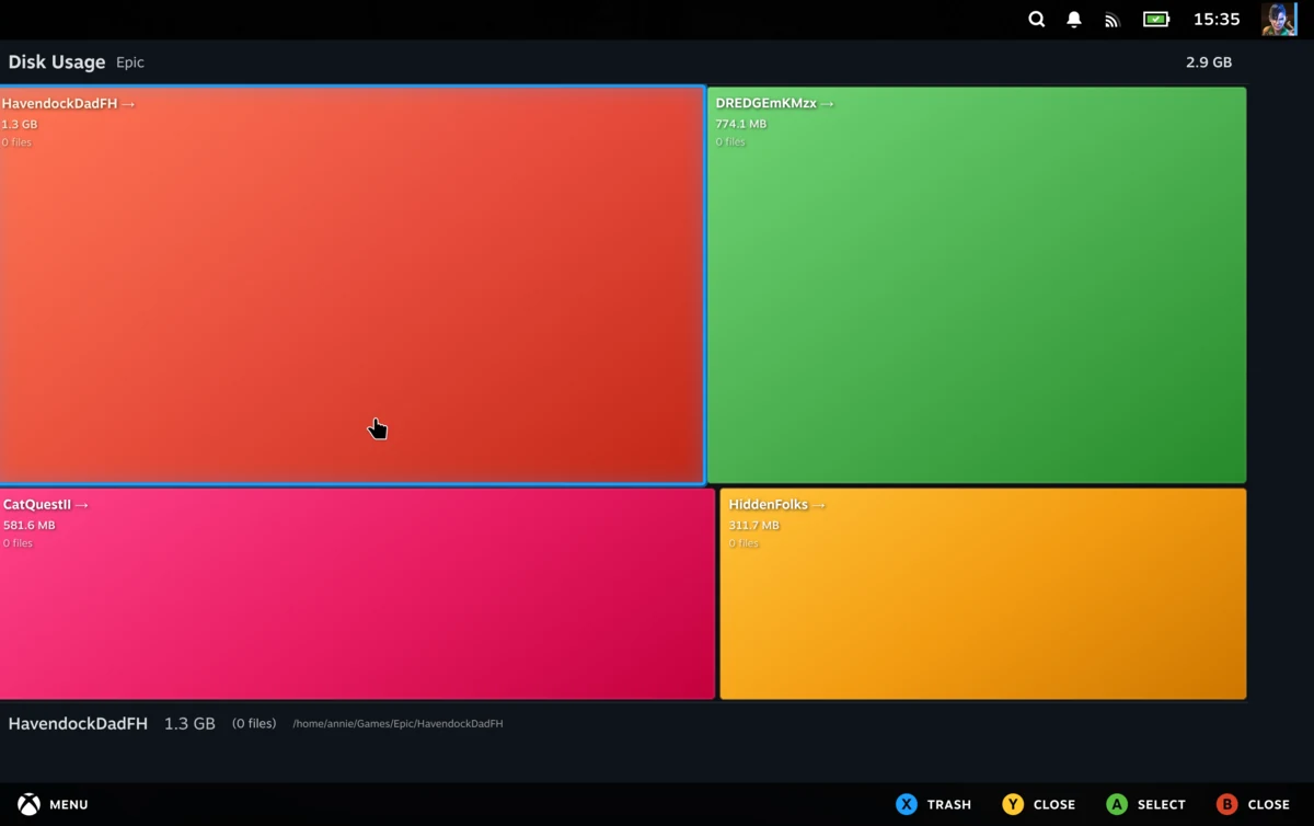 Junk Store Pro Disk Usage treemap showing an Epic games folder totalling 2.9 GB, drawn as four coloured rectangles sized by the space each game takes up