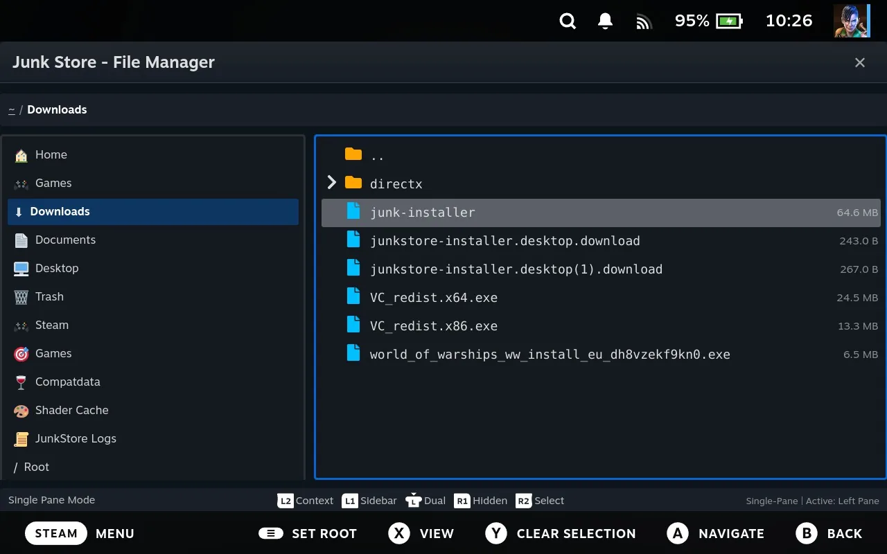 The Downloads folder in the File Manager showing a directx folder alongside several installer files, each with its size shown on the right
