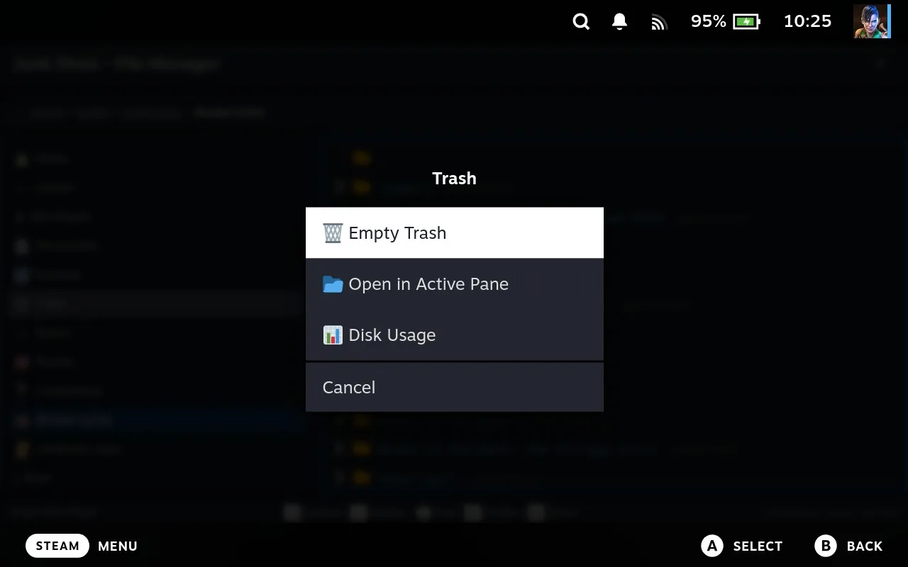 The sidebar menu open on the Trash entry, offering Empty Trash, Open in Active Pane, Disk Usage and Cancel