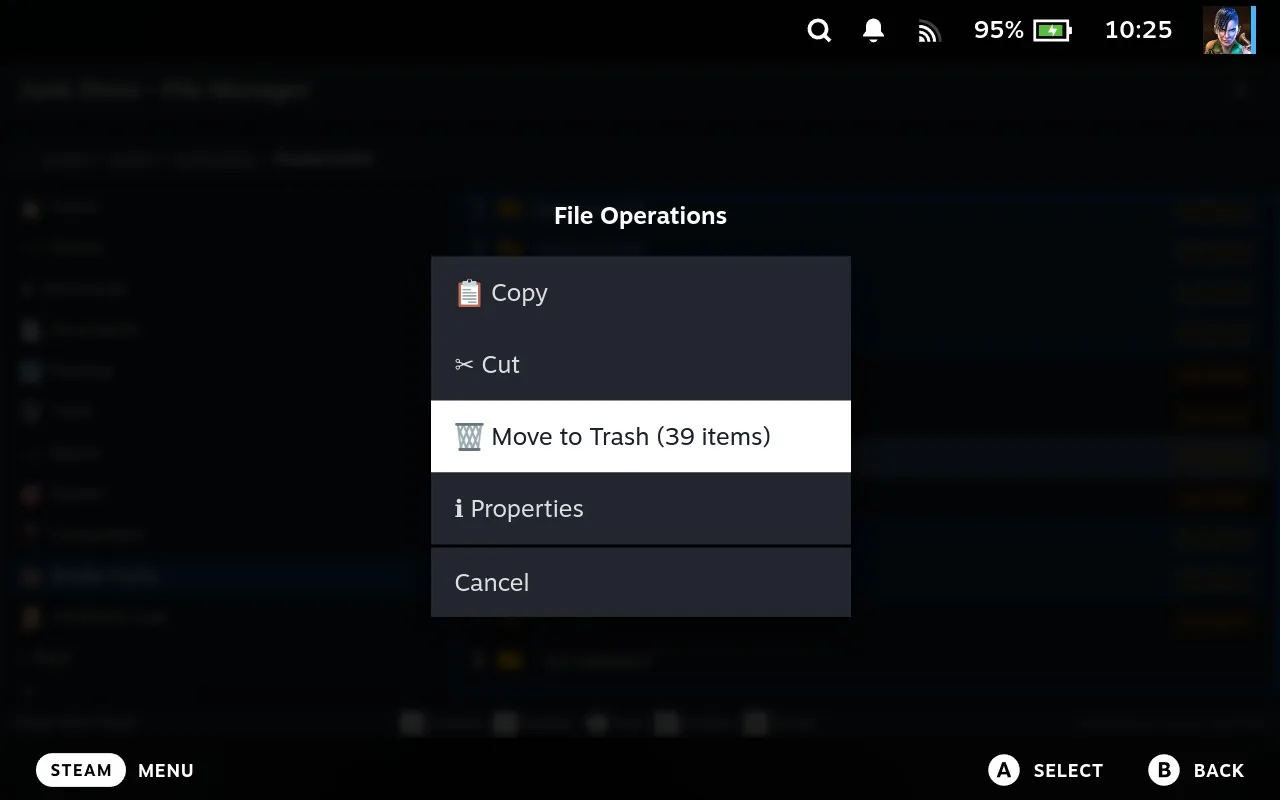 The File Operations menu showing Move to Trash with a count of 39 items for the selected shader cache folders