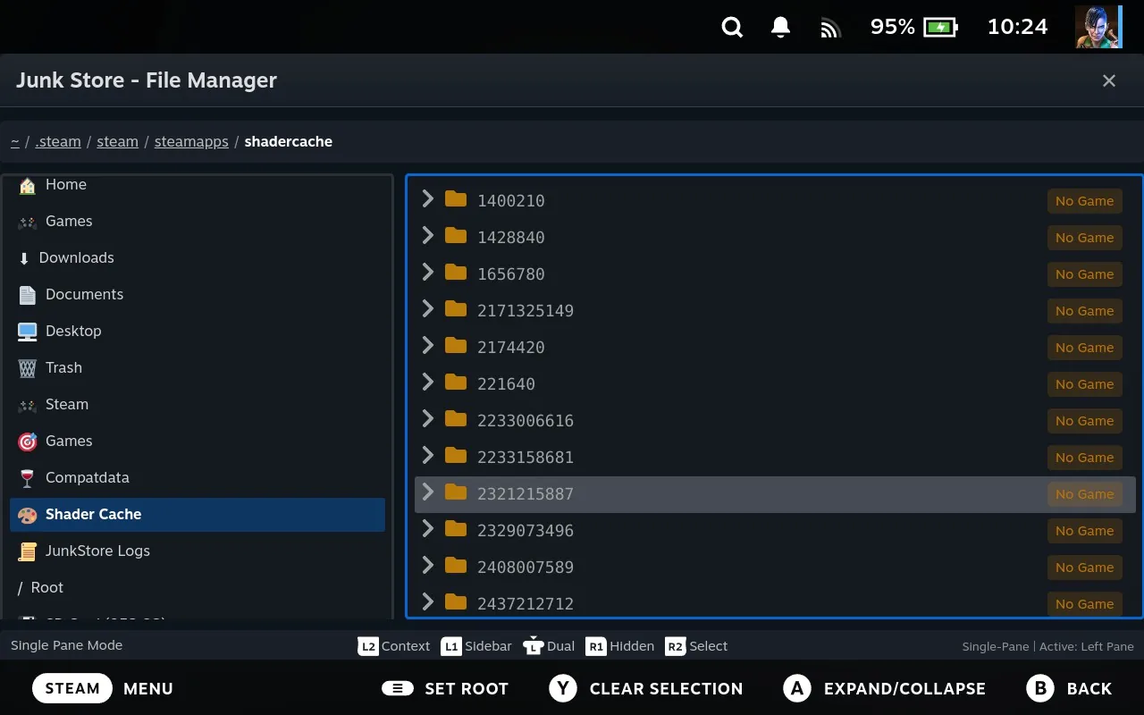 Orphaned shader cache folders at the bottom of the listing, shown as dimmed bare numbers each with an orange No Game badge