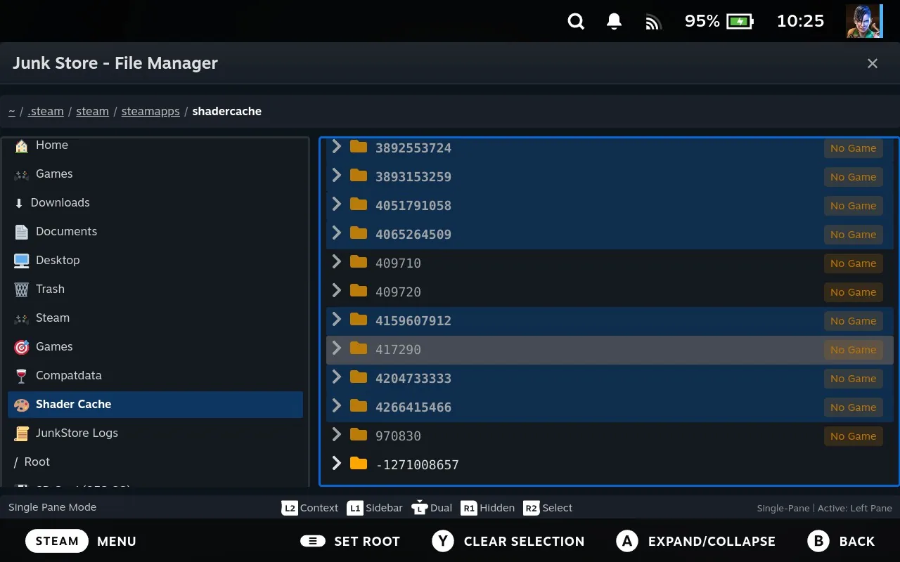 A long run of orphaned shader cache folders selected and highlighted in blue, all showing No Game badges