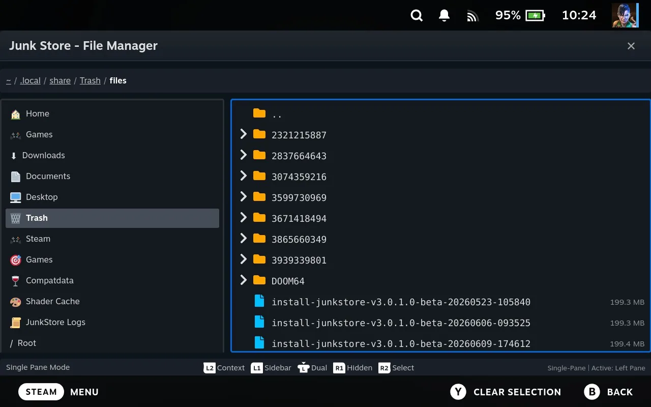 The Trash folder in the File Manager showing the numbered folders moved there earlier alongside three old Junk Store installer files of around 199 MB each