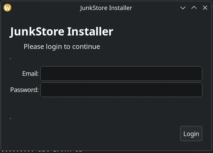 The JunkStore Installer login window, headed Please login to continue, with empty Email and Password fields and a Login button