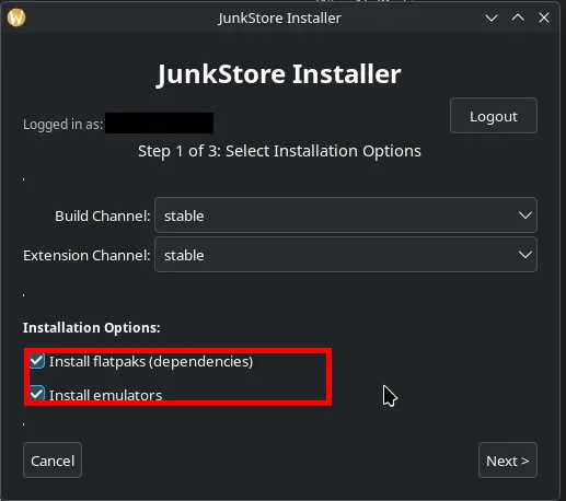Step 1 of 3 in the installer with both Install flatpaks (dependencies) and Install emulators ticked, which installs the legacy clients and the emulator flatpaks