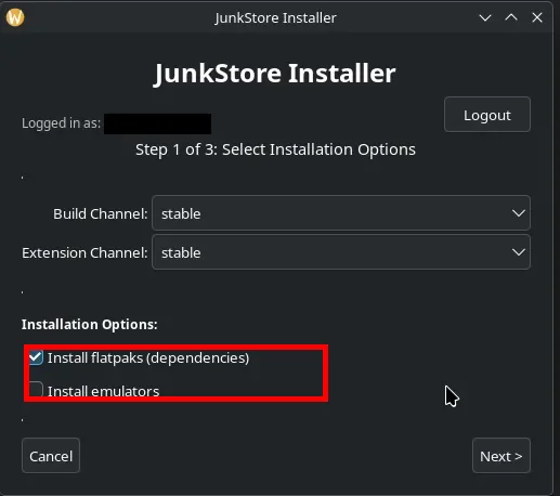 Step 1 of 3 in the installer as it opens, with Install flatpaks (dependencies) already ticked and Install emulators unticked