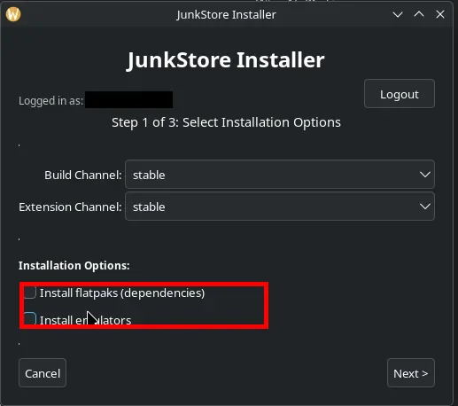 Step 1 of 3 in the installer with both tickboxes cleared, which is the setup for using the new Epic, GOG and Amazon clients