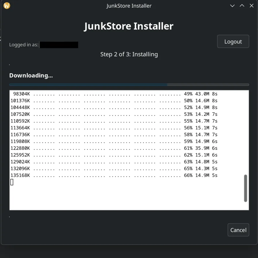 Step 2 of 3 in the installer, headed Downloading, with a progress bar part-filled and a log of download progress lines below it