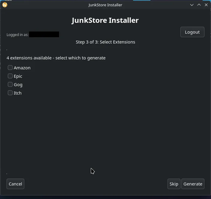 Step 3 of 3 in the installer, reading 4 extensions available and listing Amazon, Epic, Gog and itch with a tickbox each, above Skip and Generate buttons
