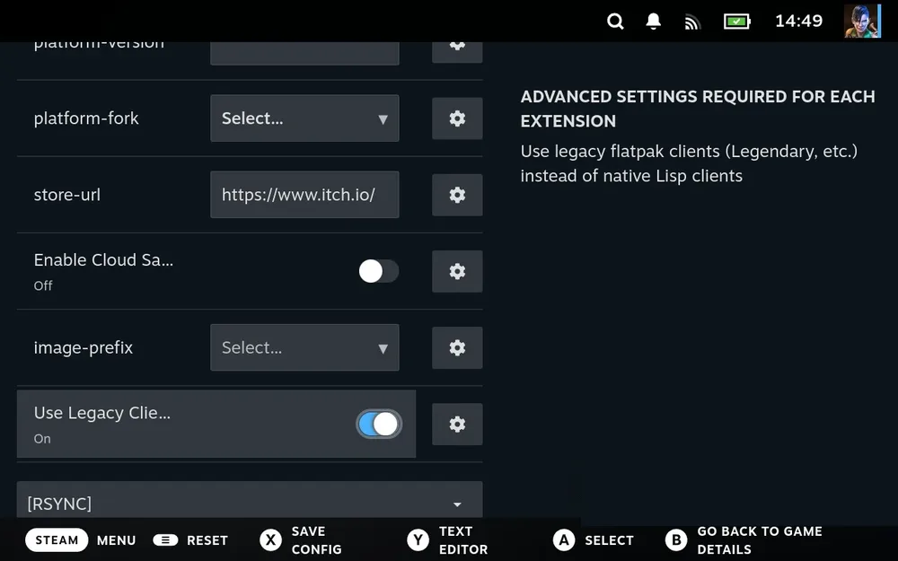 The bottom of a store's Advanced settings in Junk Store Pro, with Use Legacy Clients highlighted and the side panel explaining it uses legacy flatpak clients instead of the native ones