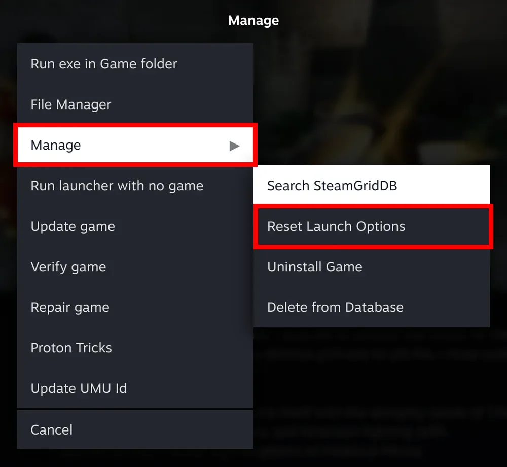 The game's Actions menu with Manage highlighted in red, and Reset Launch Options highlighted in red in the submenu that opens to its right