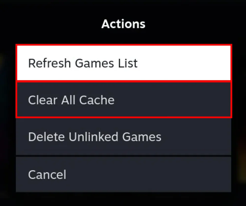 A store's sliders menu open, showing Refresh Games List, Clear All Cache and Delete Unlinked Games