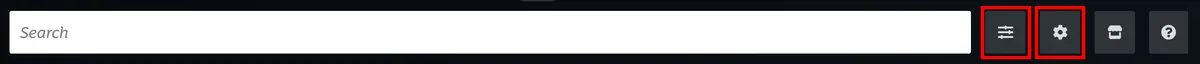 The row of buttons to the right of the search box at the top of a store tab, with the sliders button and the cog both outlined in red, followed by the shop and help buttons