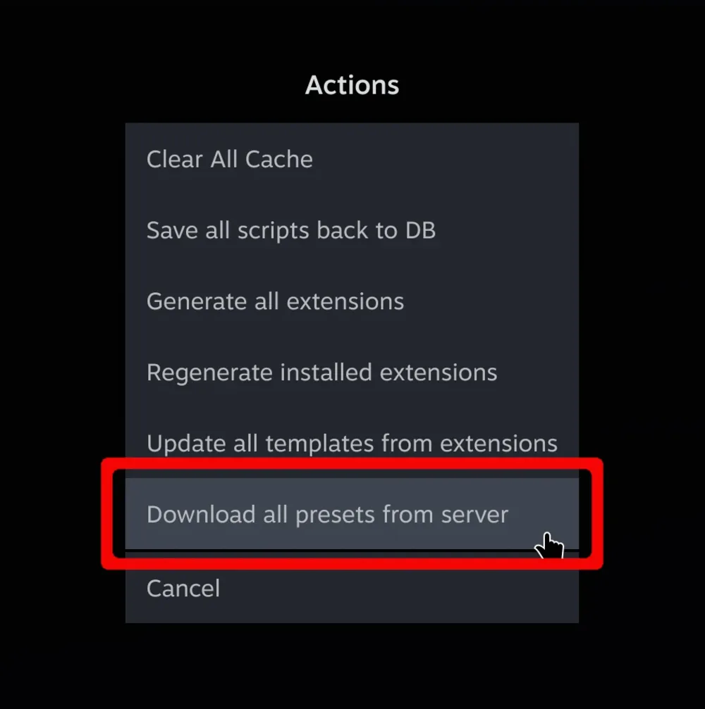 The Generator's Actions menu open, listing Download all presets from server among the other bulk actions