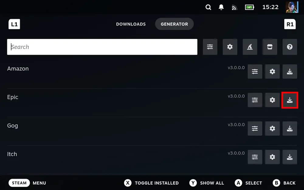 The Generator's extension list showing Amazon, Epic, Gog and itch, each row with its own sliders, cog and download buttons
