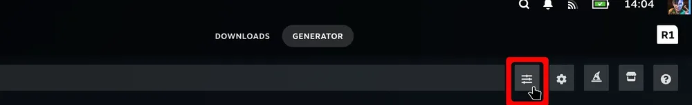The Generator's search bar with the sliders button to its right, alongside the cog, shop and help buttons