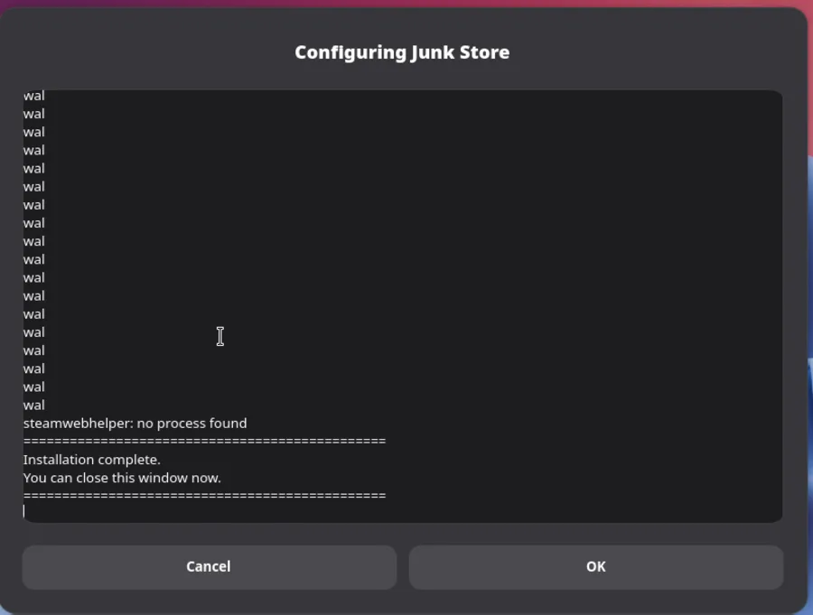 The Configuring Junk Store window at the end of the install, its log reading Installation complete. You can close this window now.