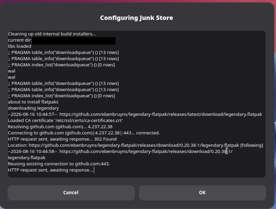 The Configuring Junk Store window part way through, its log showing about to install flatpaks and the legendary flatpak downloading from GitHub