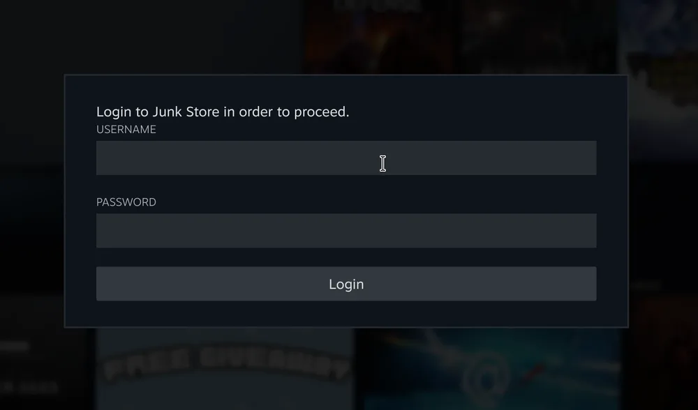 Junk Store Pro's login prompt in Game Mode, asking for a username and password before it will go any further