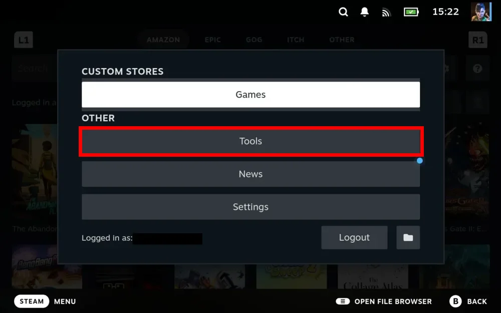 The SELECT side menu in Junk Store Pro, with Tools, News and Settings listed under Other, below the custom stores