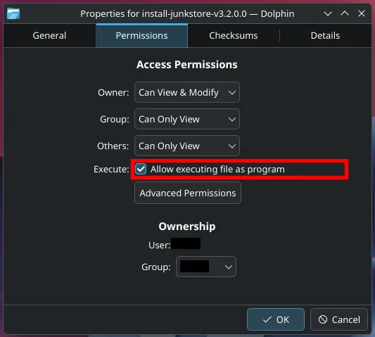 The Permissions tab of the file's Properties dialog, with the Execute tickbox Allow executing file as program ticked