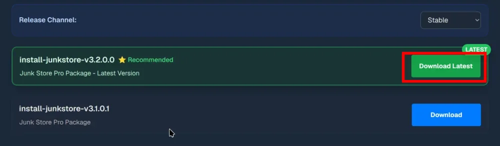 The portal's build list with a Release Channel dropdown set to Stable, and install-junkstore-v3.2.0.0 at the top marked Recommended and LATEST with a green Download Latest button