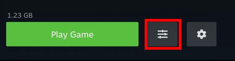 The bottom of a game's page with the sliders button highlighted in red, sitting between the green Play Game button and the cog