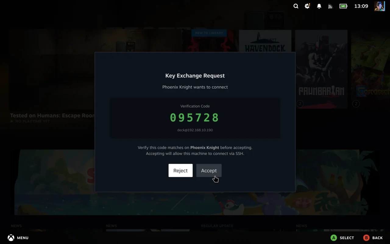 Key exchange request prompt with Accept and Reject options