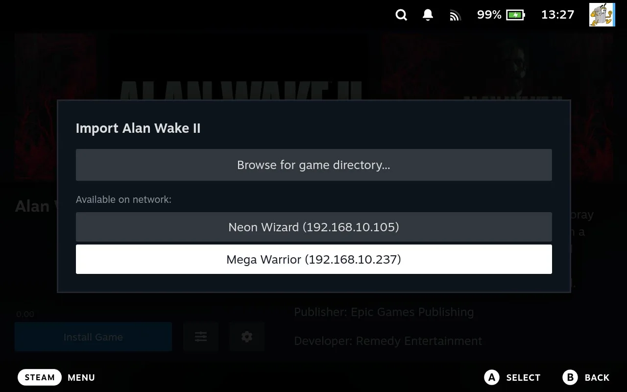 Import window listing devices available on the network