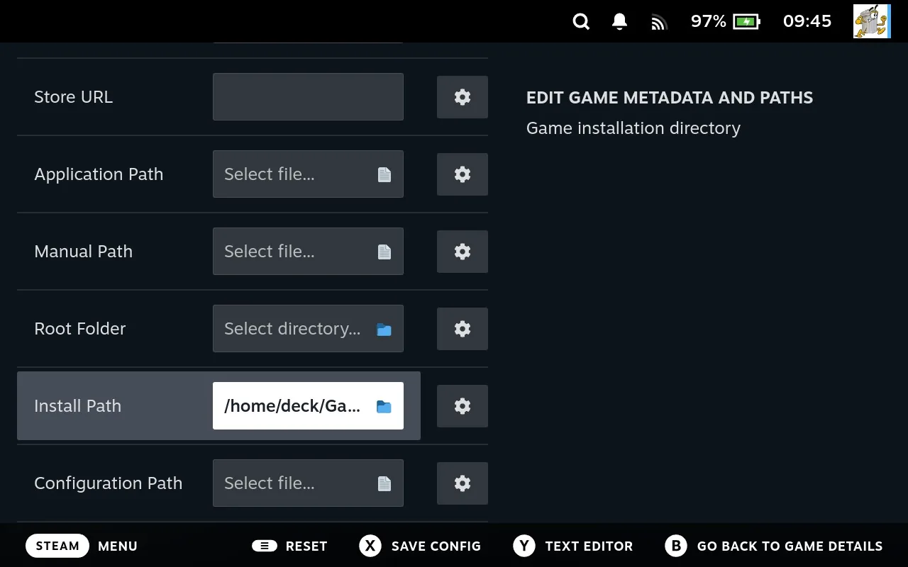 Game Details screen showing the Install Path filled in and the X to Save Config prompt