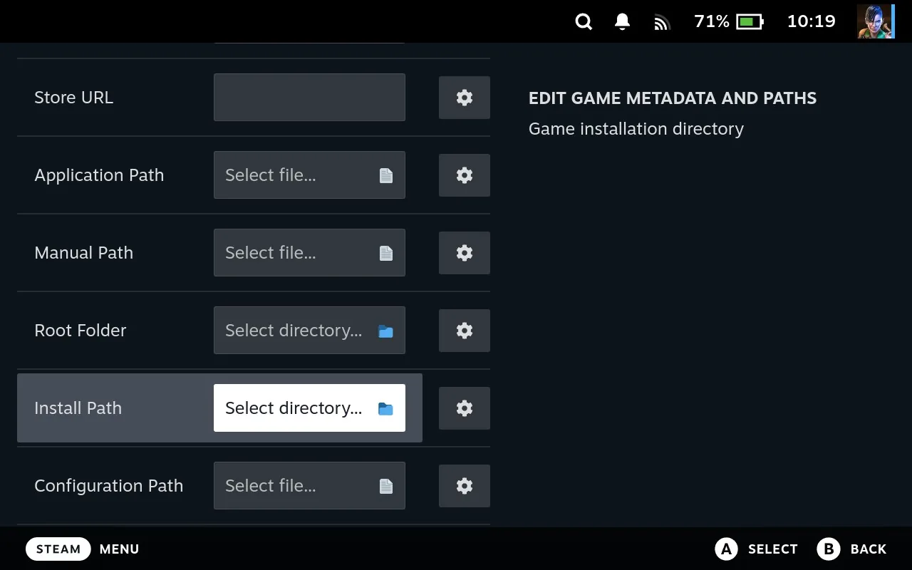Game Details screen with an empty Install Path field