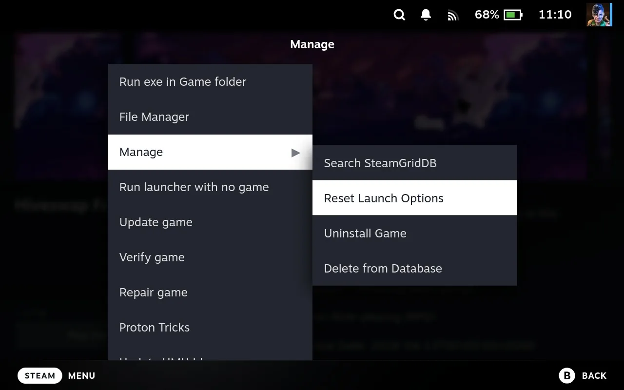 Junk Store sliders menu with the Manage submenu open showing Reset Launch Options, Uninstall Game and Delete from Database