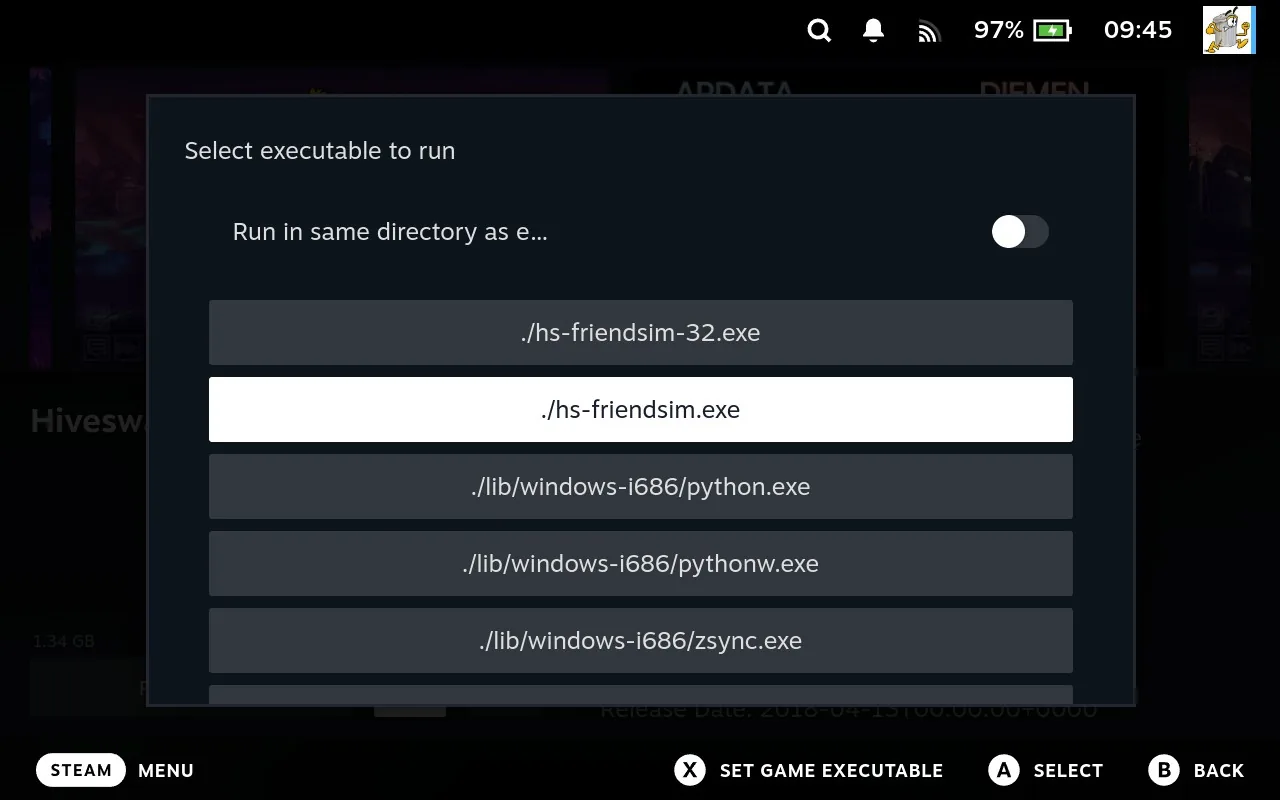Select executable to run list with the game exe highlighted and the X to Set Game Executable prompt