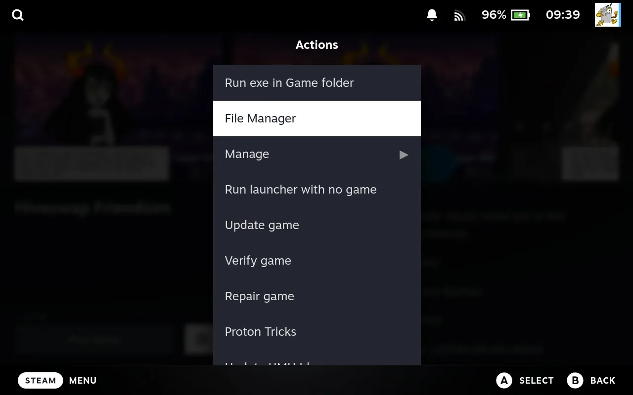 Junk Store Actions menu with File Manager selected