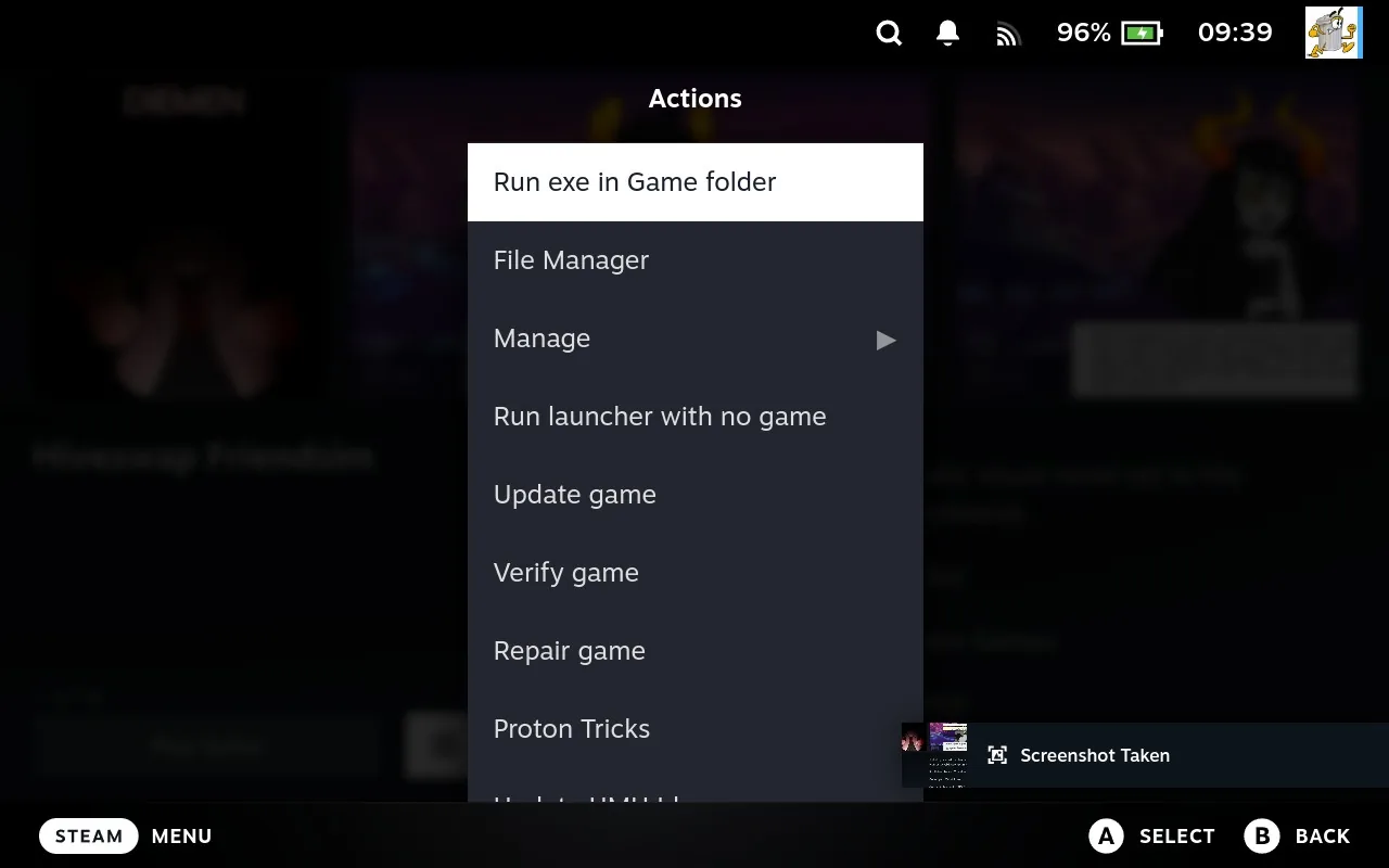 Junk Store Actions menu with Run exe in Game folder selected